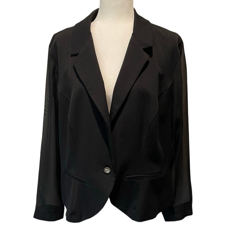 Ashley Stewart Blazer Jacket Sz 18 Black Sheer Back Sleeves Jewel Button Chic